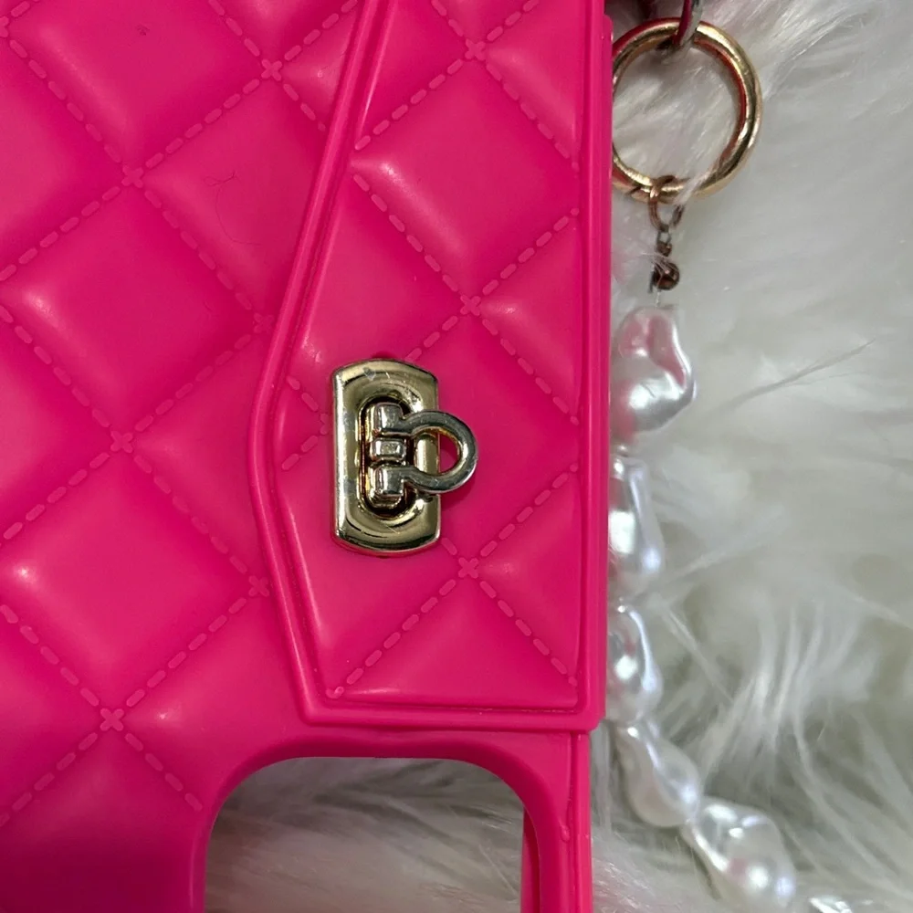 Pink Quilted Phone Case with Pearl Strap